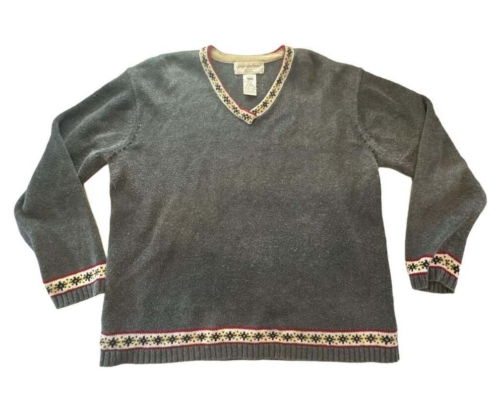 Jones New York Gray V-Neck Nordic Knit LS Sweater